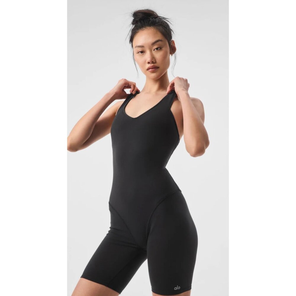 Alo Yoga Alosoft Suns Out Onesie Black V-Neck Crisscross Back‎ Romper XS